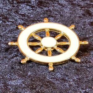 Vintage Nautical Ship Wheel Brooch -Gold Tone Maritime Pin -Sailor Coastal Retro